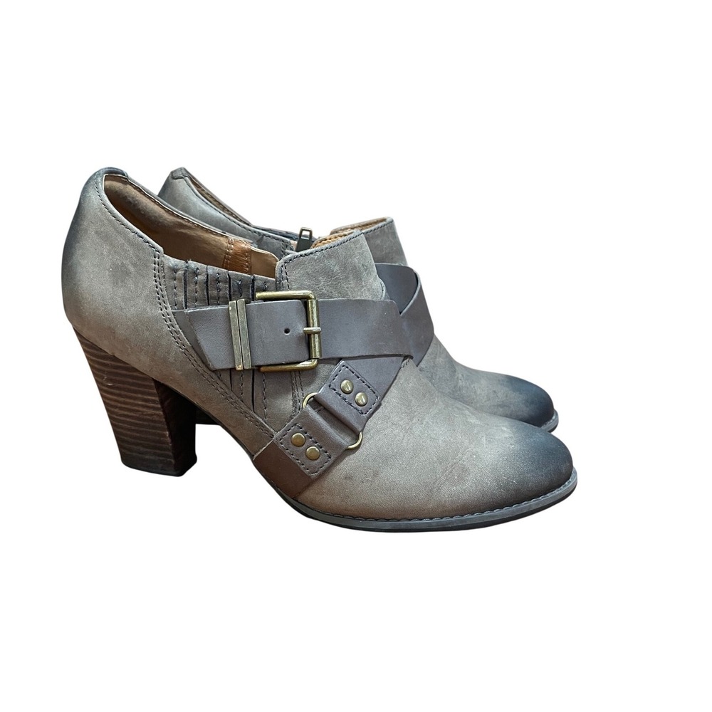 Clarks Gray Leather Buckle Ankle Booties Block Heel‎ 8.5M 63078 Burnished Toe